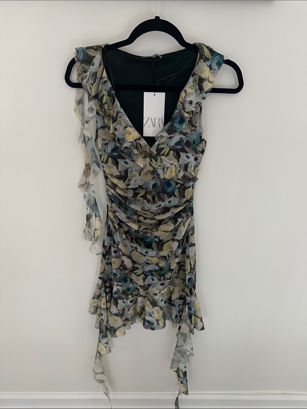 Zara Floral Asymmetrical Ruffle Dress in Green, Blue and Cream